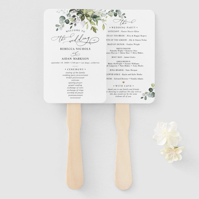 Leque Elegante Watercolor Eucalyptus Greenery Wedding Ha (Frente e Verso)
