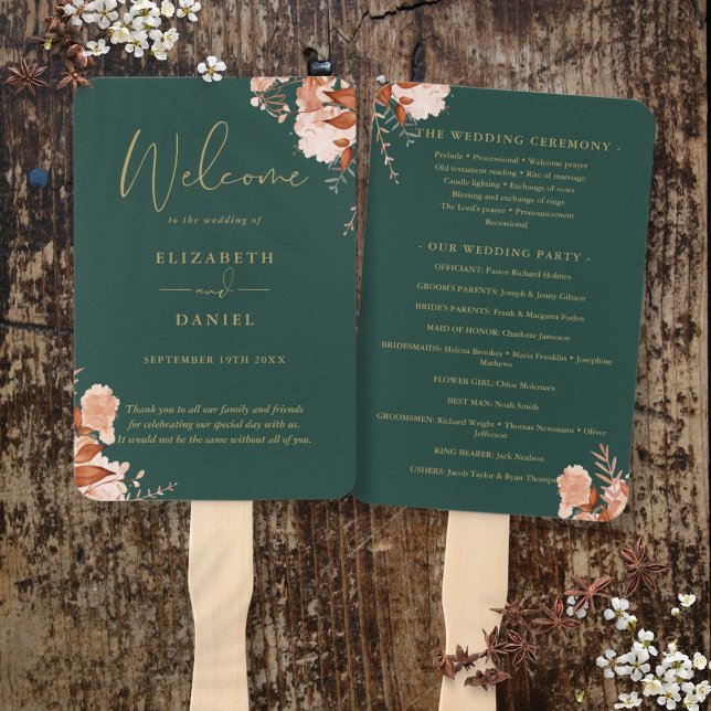 Leque Emerald E Dourado Programa De Casamento Floral Rus (Emerald And Gold Rustic Floral Wedding Program Hand Fan)