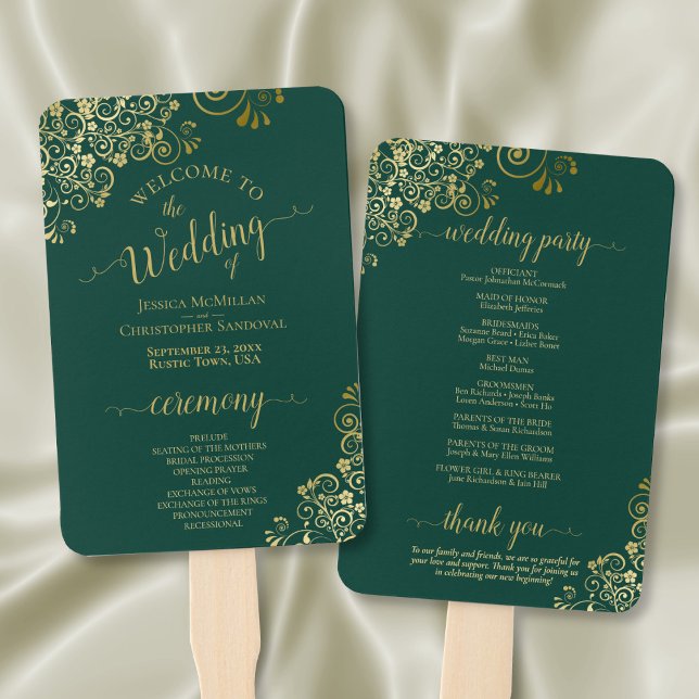 Leque Emerald Green e Dourado Lace Elegant Wedment Progr (Front/Back)