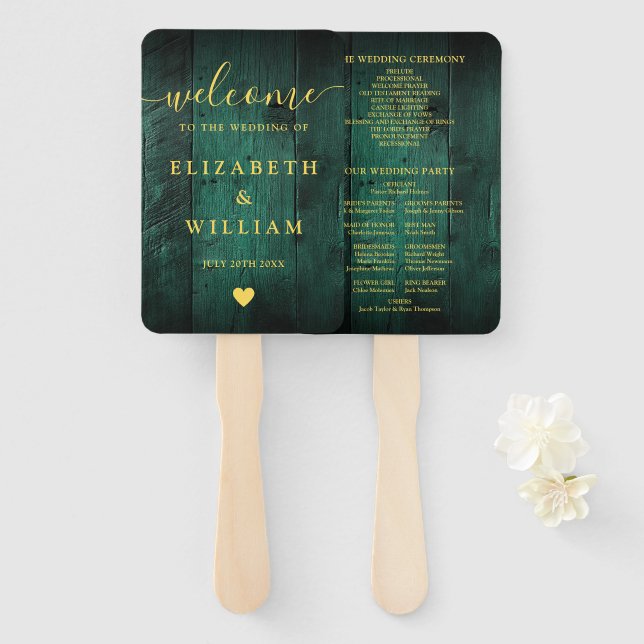 Leque Emerald Green Rustic Barn Wood Weding Program (Frente e Verso)
