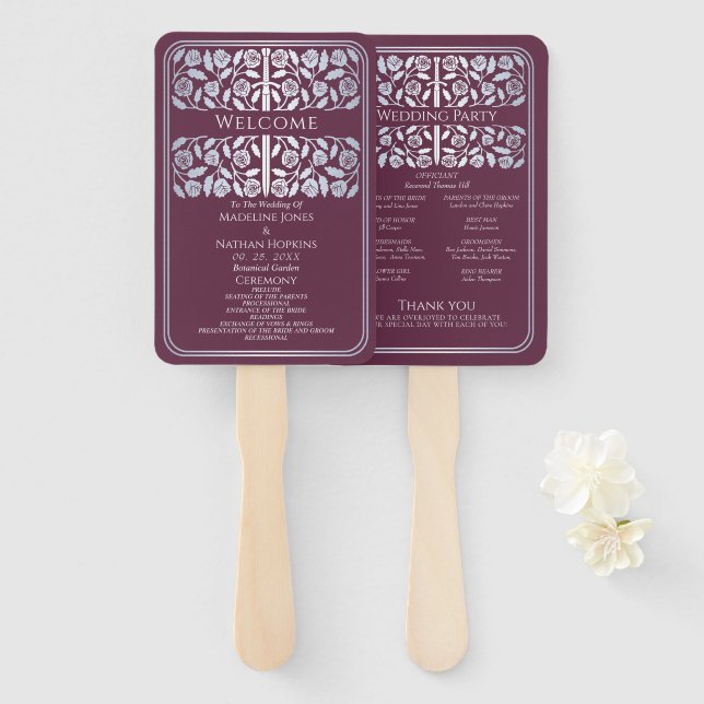 Leque Espada de Prata Medieval Rosa Programa de Casament (Frente e Verso)