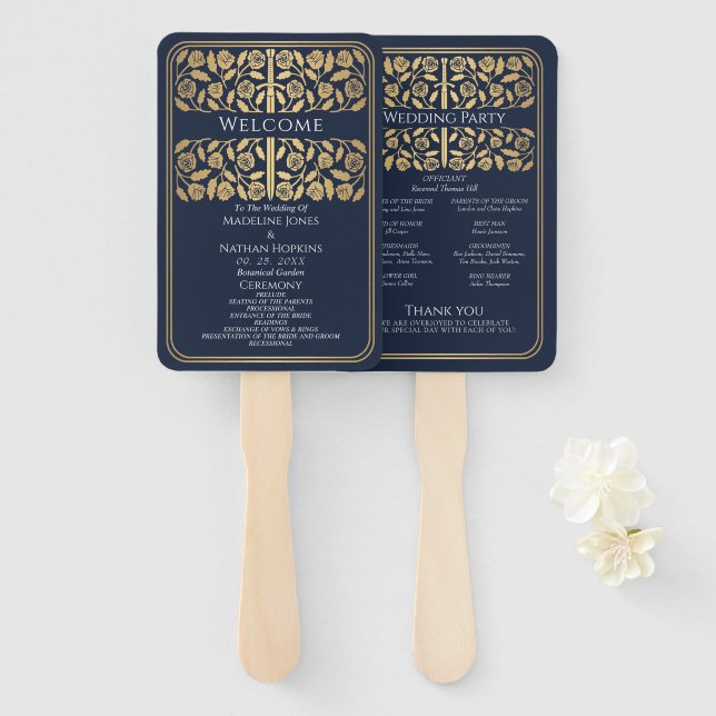 Leque Espada Dourada Medieval Azul Programa Casamento Re (Frente e Verso)