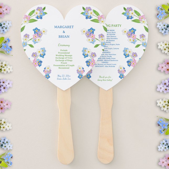 Leque Esquecer-me-Nots Programa Casamento Azul e Rosa (Forget-Me-Not Blue & Pink Watercolor Wedding Program Hand Fan)