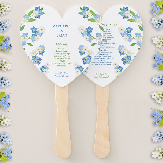 Leque Esquecer-me-Nots Programa de Casamento Azul e Bran (Forget-Me-Nots Blue & White Watercolor Wedding Program Hand Fan)