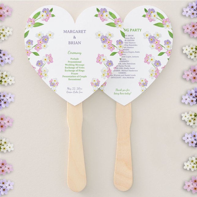 Leque Esquecer-me-Nots Programa de Casamento Rosa e Roxo (Forget-Me-Nots Pink & Purple Watercolor Wedding Program Hand Fan)