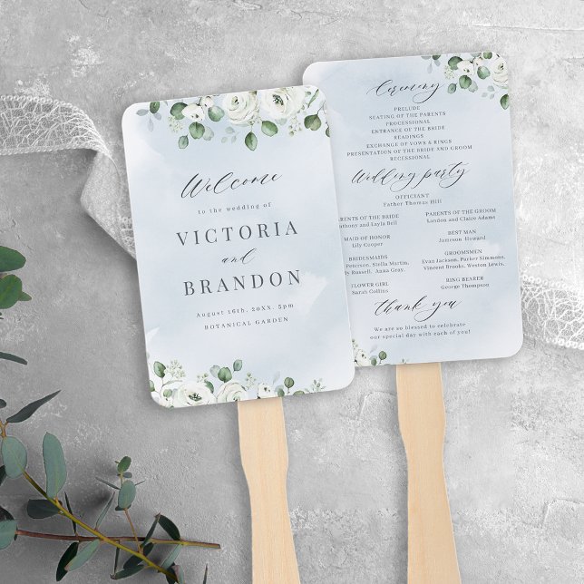 Leque Eucalyptus Greenery programas de casamento florais (Eucalyptus Greenery floral dusty  blue rustic wedding programs Hand Fan)