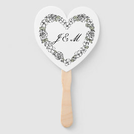 Leque Éventail de mariage noir et blanc coeur floral