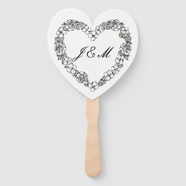 Leque Éventail de mariage noir et blanc coeur floral (Frente)