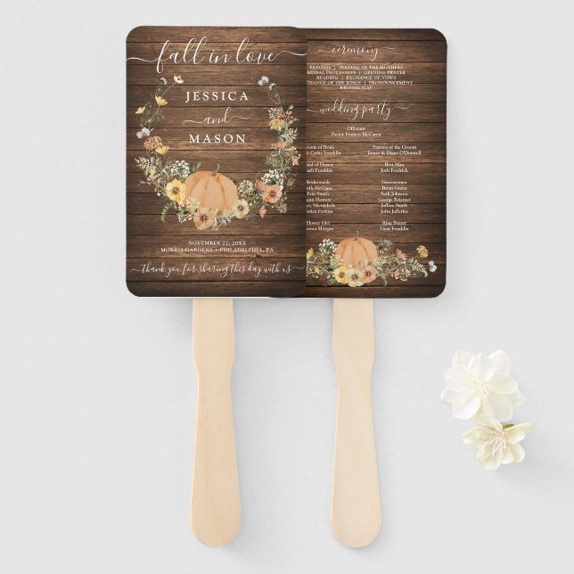 Leque Fall Rustic Floral Harvest Pumpkin Weding Program (Frente e Verso)