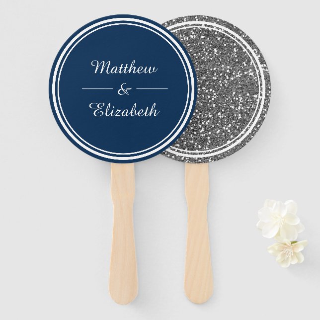 Leque Faux Silver Glitter Azul Marinho Casamento (Frente e Verso)