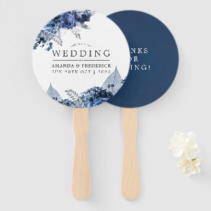 Leque Favor de casamento azul-marinho e branco com folha
