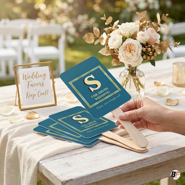 Leque Favor de Casamento Azul Teal com Monograma Dourado (Criador carregado)