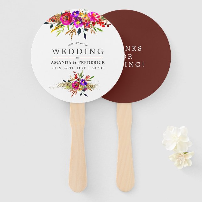 Leque Favor de casamento com floral em aquarela (Frente e Verso)