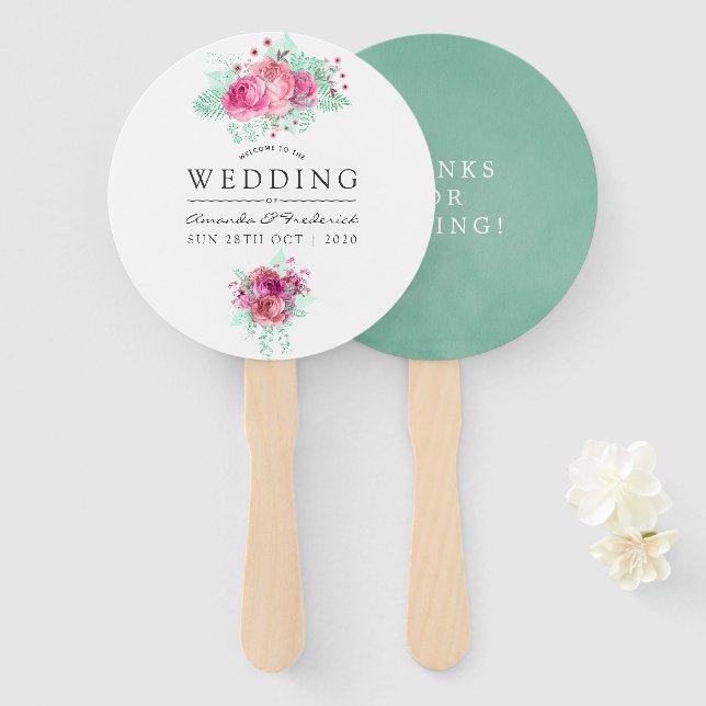 Leque Favor de Casamento Floral Rosa e Mint (Frente e Verso)
