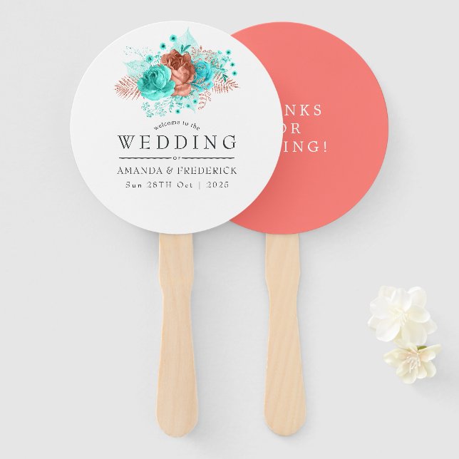 Leque Favor de Casamento Tropical Turquesa e Coral (Frente e Verso)