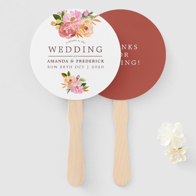 Leque Favor de flores de aquarela para casamento de prim (Frente e Verso)