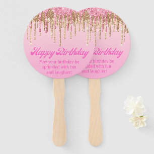 Leque feliz aniversário dourado rosa brilha retrô script