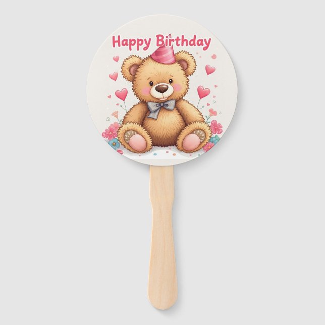 Leque Feliz Aniversário Urso Teddy Fofo com Corações Ros (Frente)
