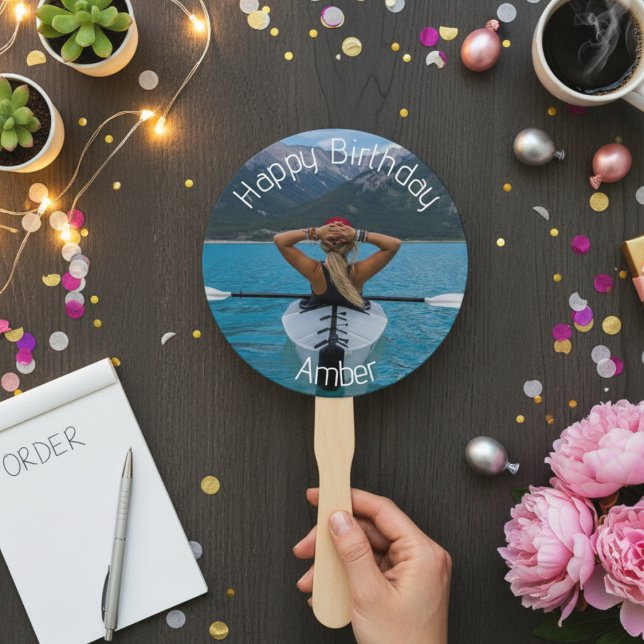 Leque Feliz Foto de Aniversário (Heart-Shaped Custom Photo Birthday Hand Fan)