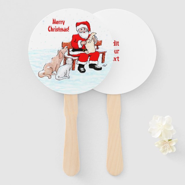 Leque Feliz Natal - Papai Noel com Gato e Cachorro (Frente e Verso)