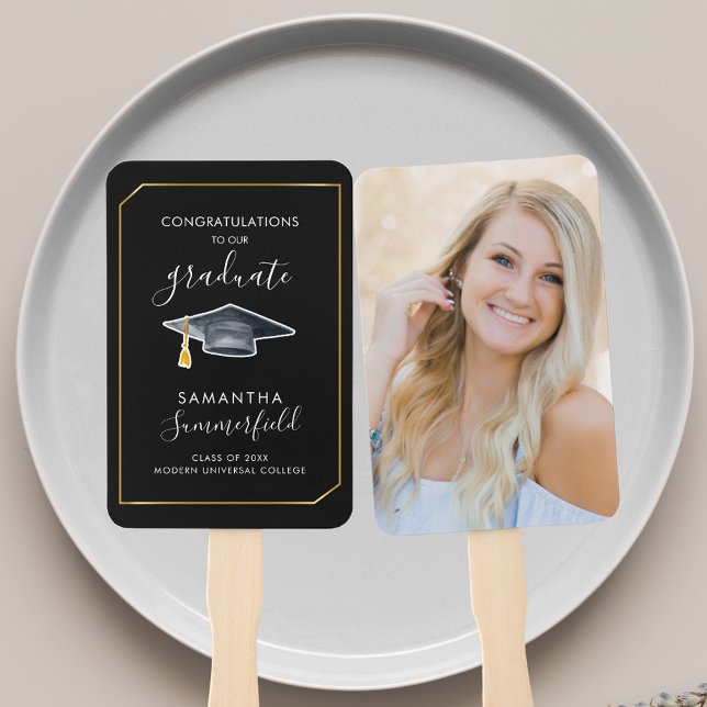Leque Festa de Formatura 2026 Script Foto Preto (Graduation 2025 Photo Script Grad Black Party Hand Fan)