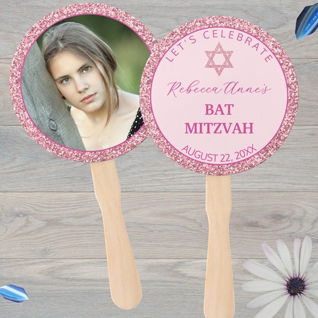 Leque Festa de Foto da Rapariga de Tendência Glam-Rosa B (These personalized photo hand fans make unique Bat Mitzvah party favors)
