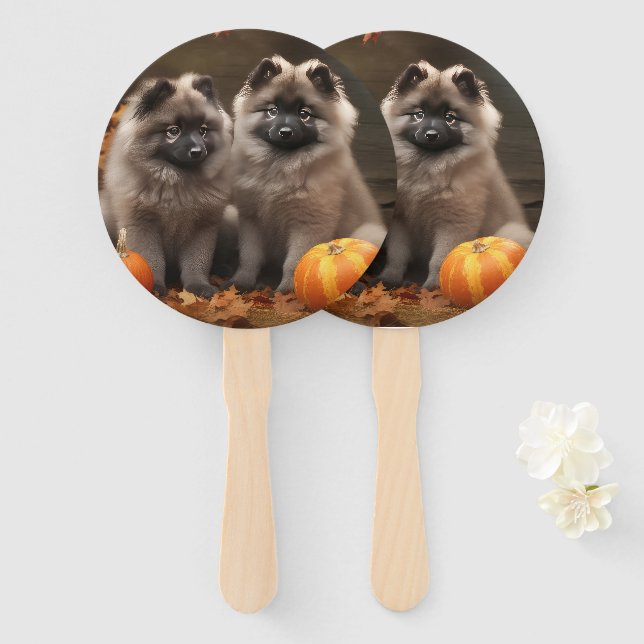 Leque Filhote de Keeshond Outono Prazer Abóbora (Frente e Verso)