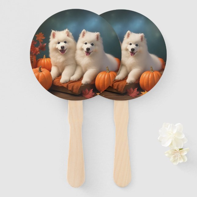 Leque Filhote de Samoyed Delícia de Outono Abóbora  (Frente e Verso)