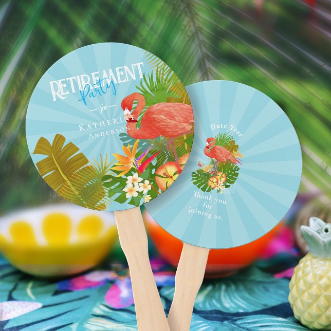 Leque Flamingo Aposentadoria Azul  (Flamingo Retirement Blue Hand Fan)