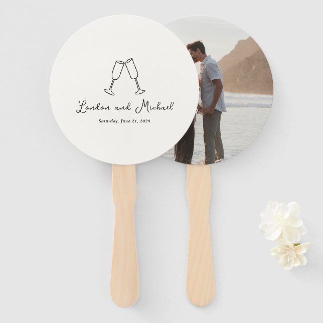 Leque Flautas Desenhadas à Mão para Casamento Moderno (Frente e Verso)
