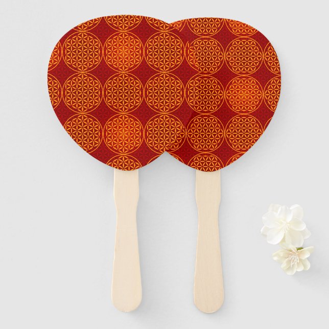 Leque FLOR DA VIDA - padrão vermelho laranja (Frente e Verso)