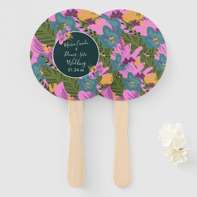 Leque Florais Desenhadas à Mão Casamento Verde Bold Rosa (Frente e Verso)