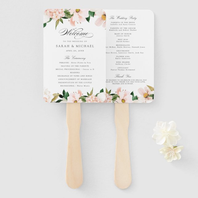 Leque Floral Blush Elegant Magnolia Wedment Program (Frente e Verso)