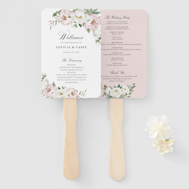 Leque Floral Blush White Peony Elegant Wedment Program (Frente e Verso)