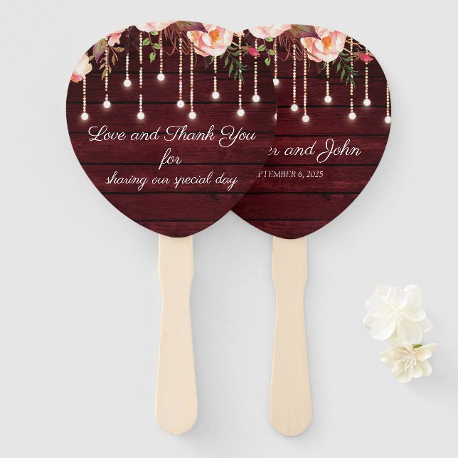 Leque Floral Maroon Wooden Rustic Wedding (Frente e Verso)