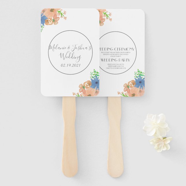 Leque Flores Aquarela Azul e Pêssego Casamento Redondo (Frente e Verso)