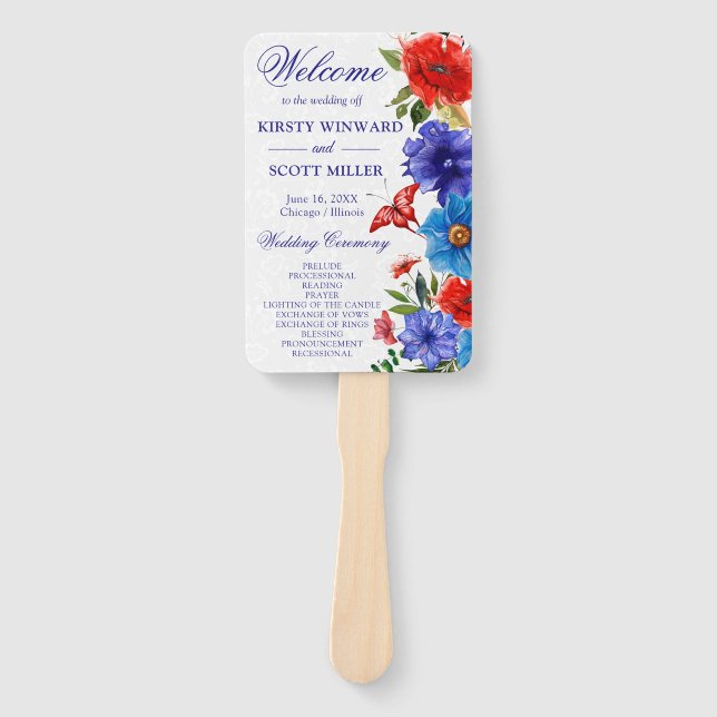 Leque Flores de Casamento de Verão Vermelhas e Azuis Aqu (Frente)