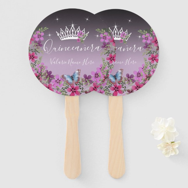 Leque Flores e borboletas Quinceanera Purple Hand Fan (Frente e Verso)