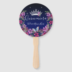 Leque Flores e borboletas Ventilador de Mão Azul Quince