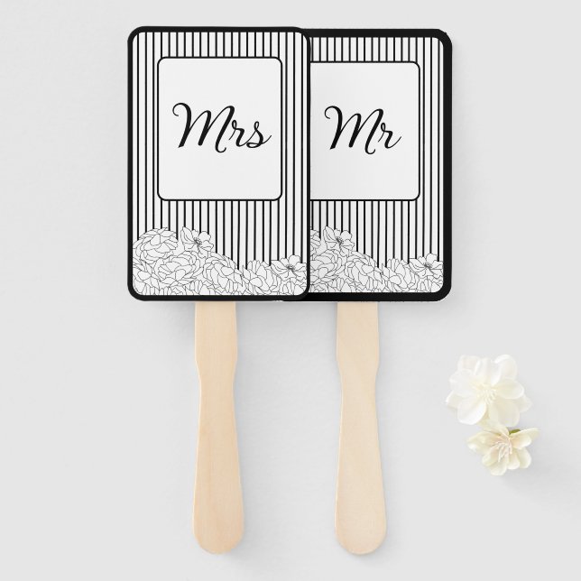 Leque Flores Pretas e Brancas com Stripes (Frente e Verso)