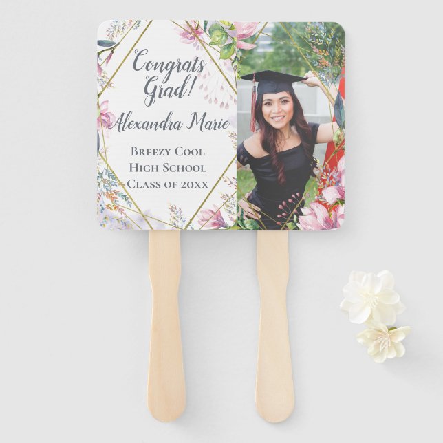 Leque Flores rosa Ventilador de Graduação de Fotos com I (Frente e Verso)