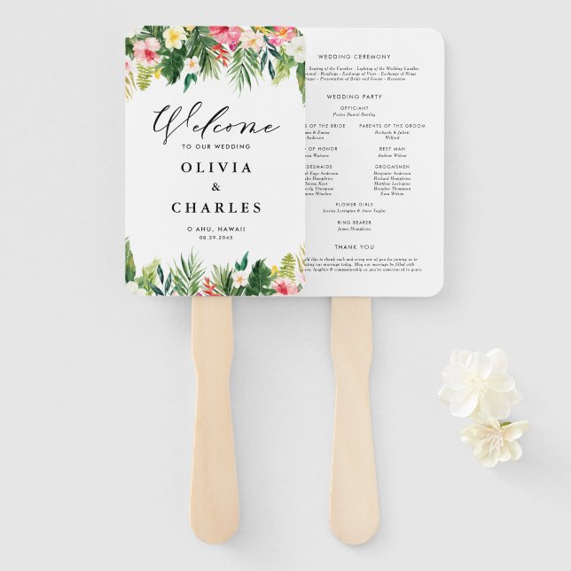 Leque Flores Tropicais Aquarela Casamento de Verão (Frente e Verso)