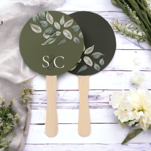 Leque Folhagem De Casamento Elegante Monograma Verde Mud