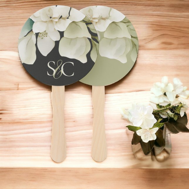 Leque Folhagem De Casamento Elegante Monograma Verde Mud (Elegant Wedding Foliage Muted Green Monogrammed Hand Fans from Ricaso)