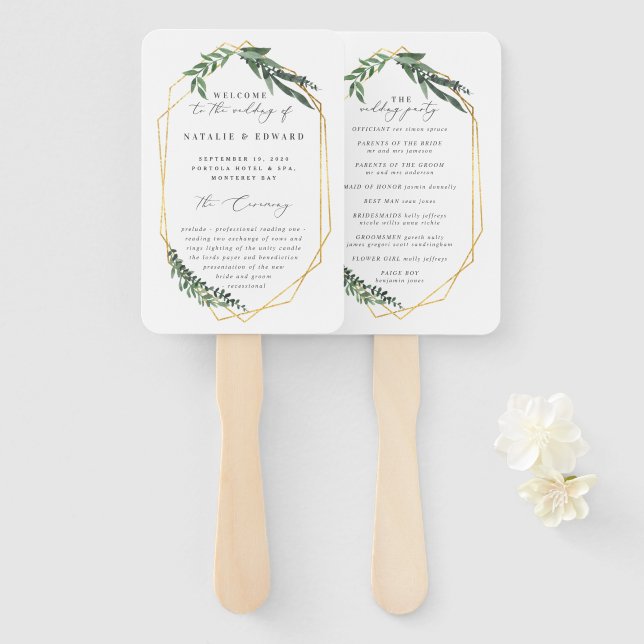 Leque folhagem dourada e geométrica (Frente e Verso)