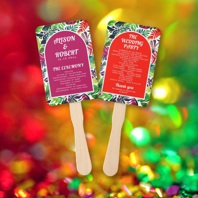 Leque Folhas tropicais coloridas e programa de casamento (Criador carregado)