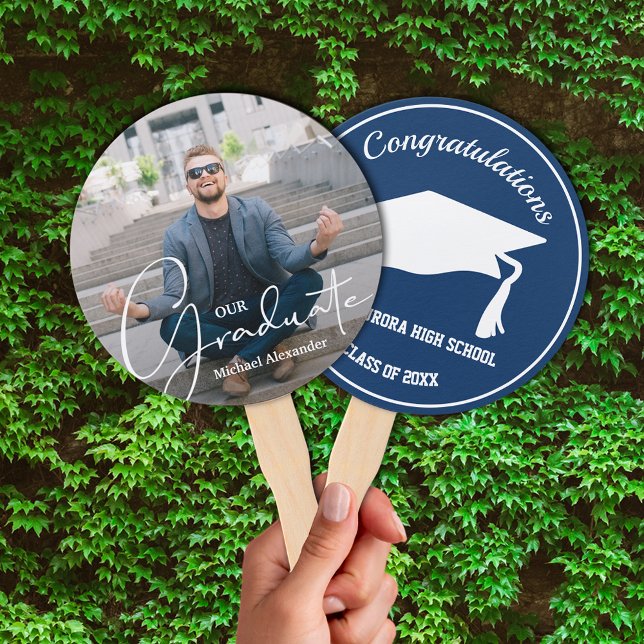 Leque Formando Boné Formando Moderno Azul de Foto (Keep cool on graduation day or at your party with these photo double-sided hand fans.)