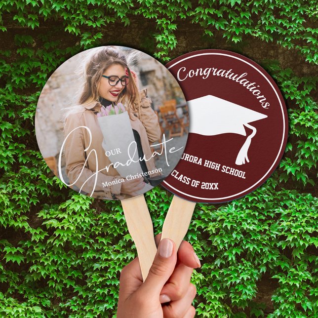 Leque Formando Boné Formando moderno Marrom escuro Foto  (Keep cool on graduation day or at your party with these photo double-sided hand fans.)