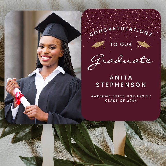 Leque Foto Personalizada Burgundy Branco Dourado Graduaç (Criador carregado)