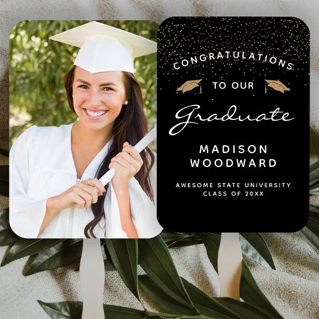 Leque Foto Personalizada Preto Branco Dourado Formatura (Criador carregado)